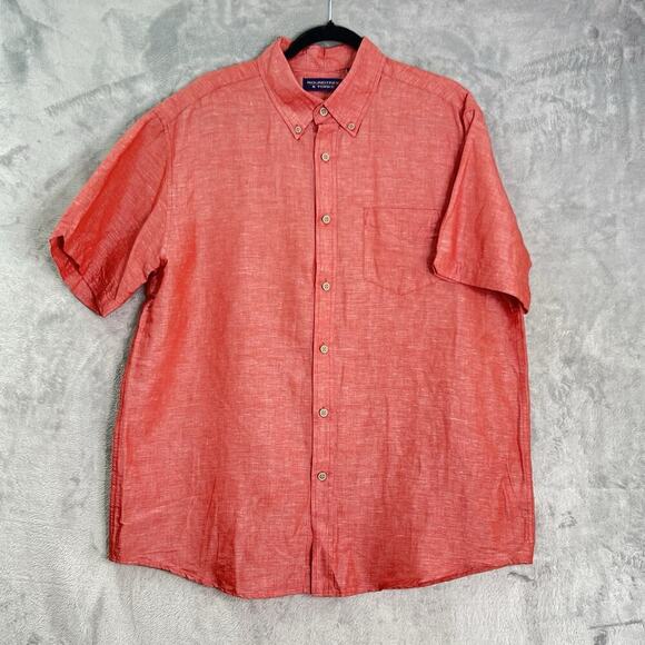 Roundtree & Yorke Shirt Men‎ L Linen Blend Pink Button Up Short Sleeve Casual - Picture 1 of 9